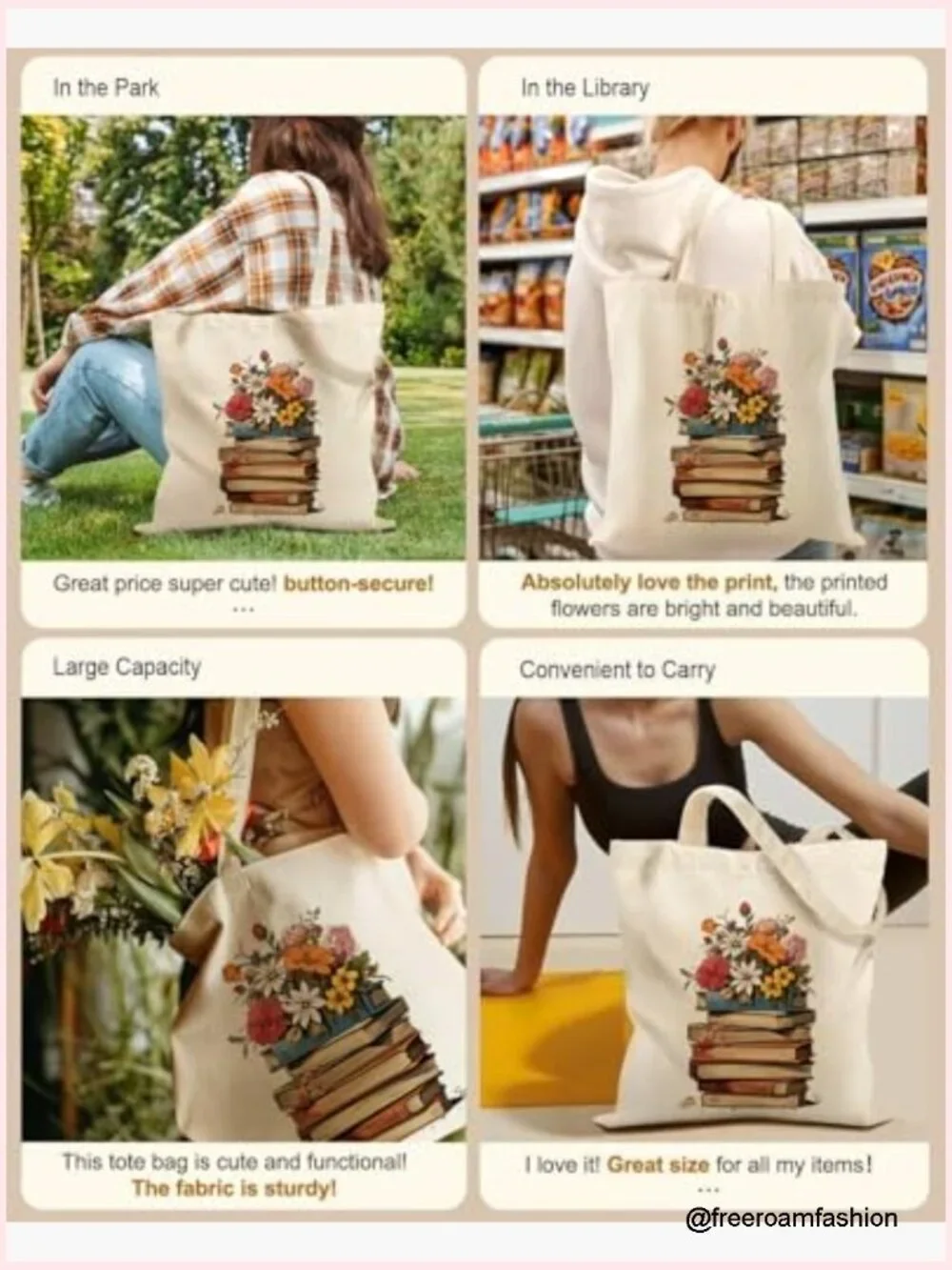 Cotton Canvas Tote Bag with Zipper Handles, Large Capacity, Reusable